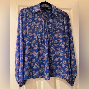 Forever 21 Blue Flowy Sheer Floral Long Sleeve Top Blouse Size M